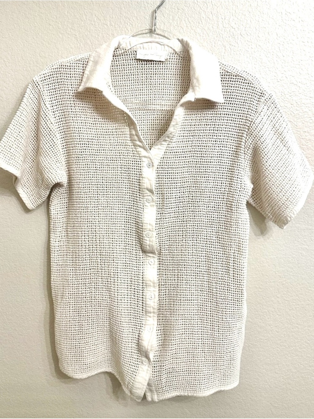 Beige Botany Open Knit Cream Button-Down Top